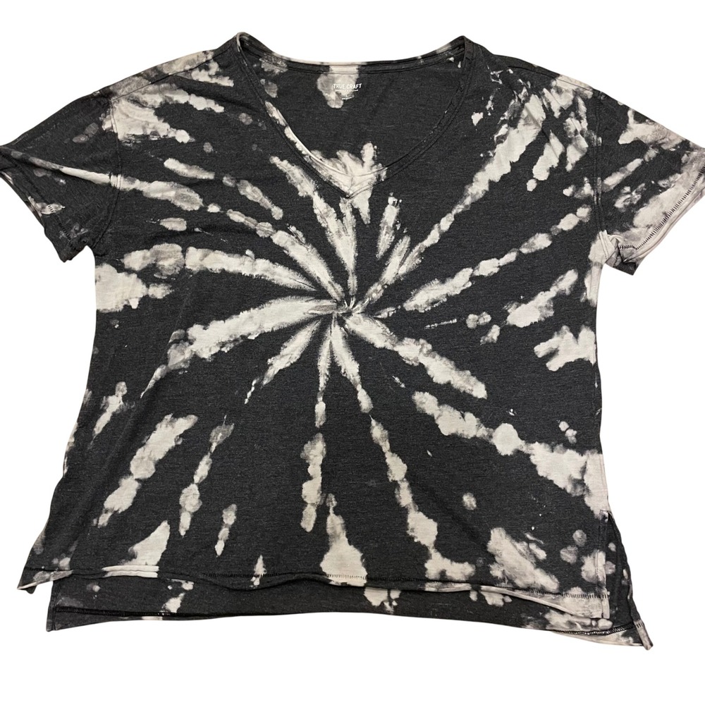 True Craft V-Neck T-Shirt‎ Gray Black Bleach Tie Dye Casual Women's Size L
